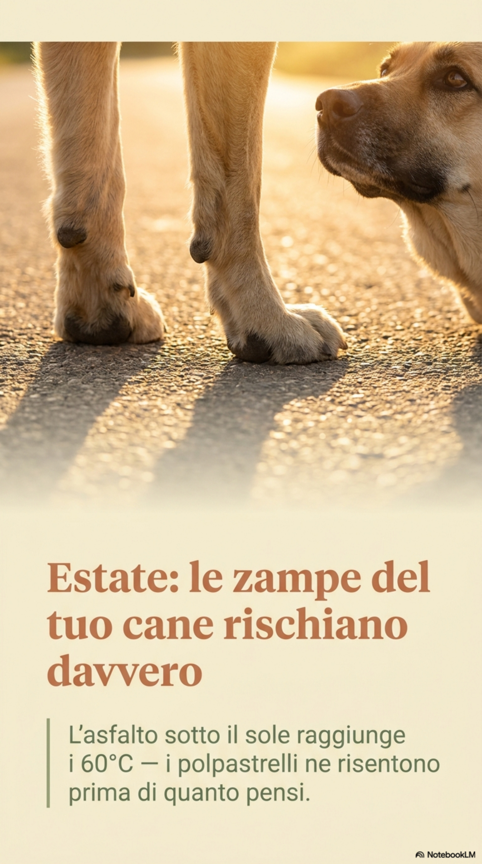 Cane che cammina sull'asfalto in estate